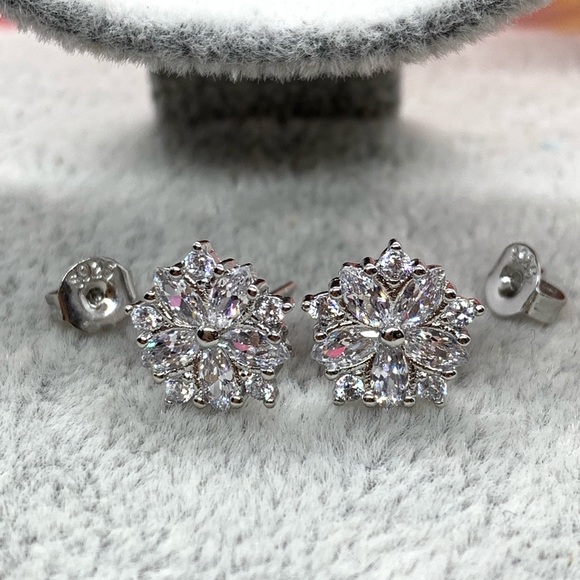 Sterling Silver 925 CZ Flower Stud Earrings - Picture 2 of 5